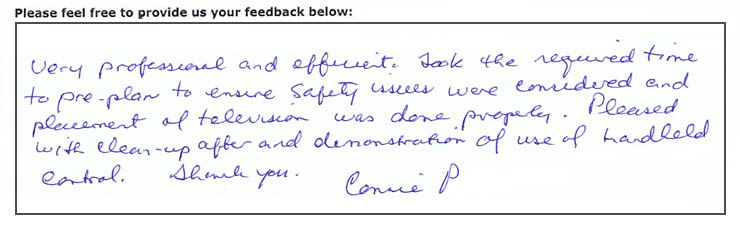 Very professional and efficient. Took the required time to pre-plan to ensure safety issues were considered and placement of television was done properly. Pleased with clean-up after and demonstration of use of handheld control. Thank you.